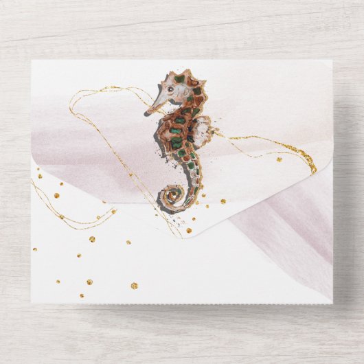 美しい海馬とクラゲのウェディング招待状　ゴールドとピンクの輝き オールインワン招待状 (裏面)