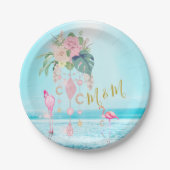 美しい海 フラミンゴ 花の宝石 ピンク ペーパープレート (正面)