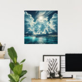 美しい海、波止場、ふわふわした雲 ポスター (ホームオフィス)