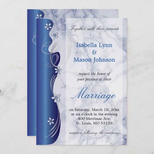 美しい深いブルーマーブル結婚式招待状 招待状 (正面/裏面)