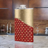 美しい深い赤いフローラルパターンと金ゴールドリボン フラスク