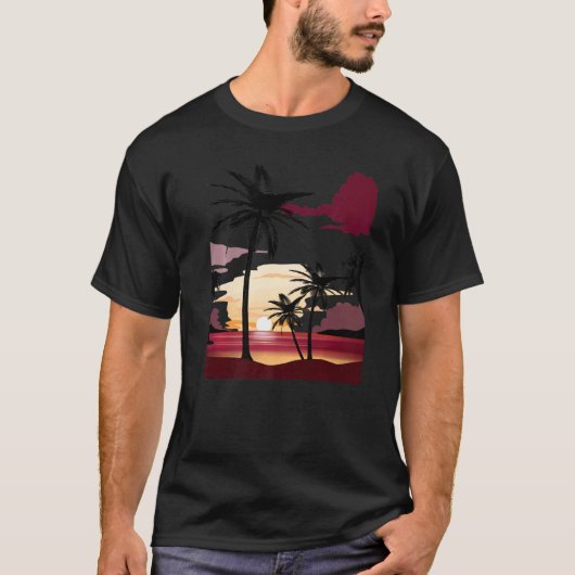 美しい深い赤い夕日とシルエットされたPalm Tr Tシャツ (正面)