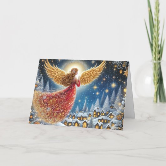 美しい深紅と金の天使のクリスマス シーズンカード (正面)
