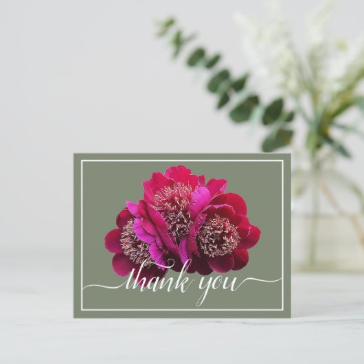 美しい深紅牡丹の色背景ありがとう ポストカード (スタンド正面)
