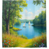 美しい湖に帆船 シャワーカーテン (正面)