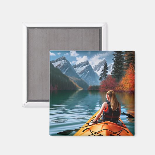 美しい湖に浮かぶカヤックの女性 マグネット (正面/裏面)