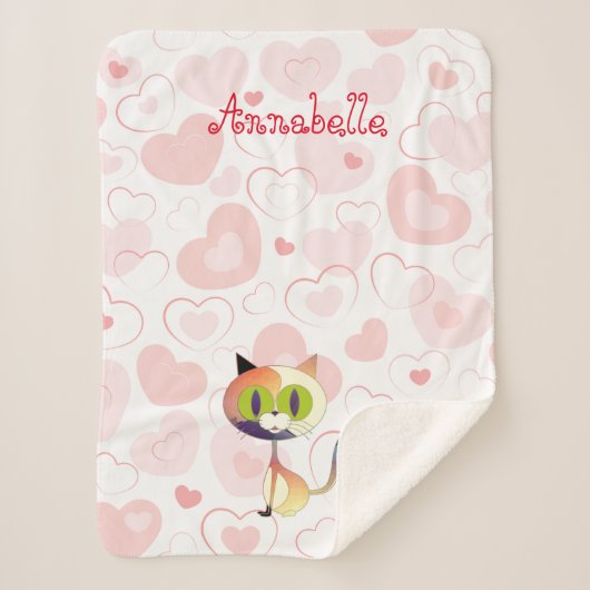 美しい漫画の猫とかわいいエレガントハート シェルパブランケット (正面)