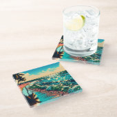 美しい漫画ポップ・アートのアートスタイルビーチシーン ガラスコースター (アングル)