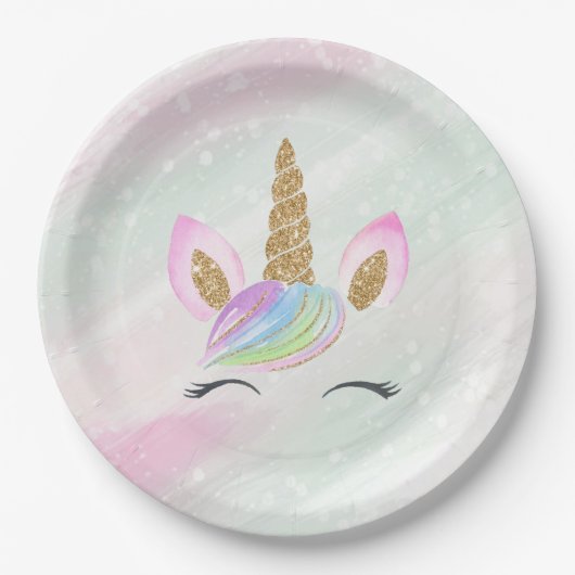 美しい漫画ユニコーンと虹 ペーパープレート (正面)