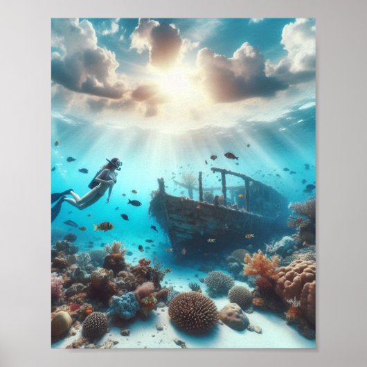 美しい潜水夫が難破船を観察する ポスター (正面)