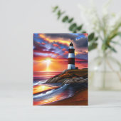 美しい灯台、夕日と海波 ポストカード (スタンド正面)