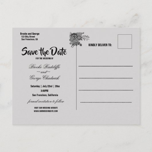 美しい灰色と黒の花が日付を保存 案内ポストカード (裏面)