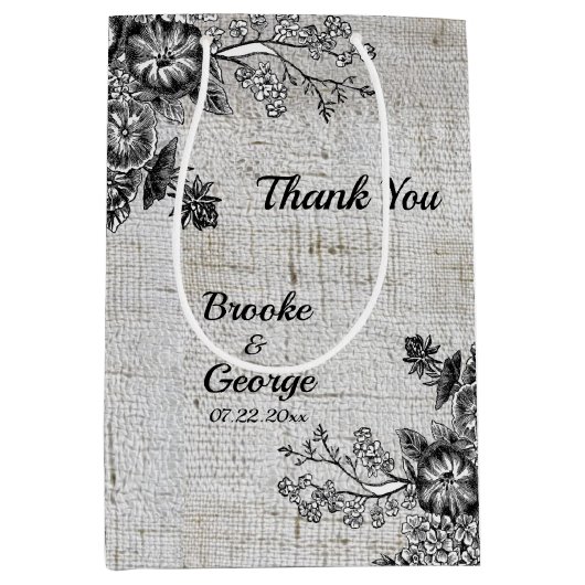 美しい灰色と黒の芸術的花 ミディアムペーパーバッグ (正面)