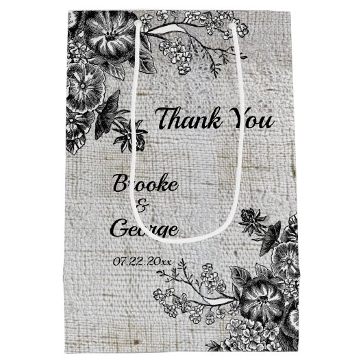 美しい灰色と黒の芸術的花 ミディアムペーパーバッグ (裏面)