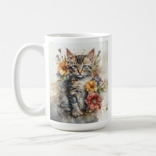 美しい灰色のタビーキャットの花 コーヒーマグカップ (左)