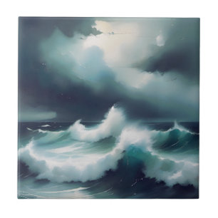 美しい灰色の青い海の波の水彩画 タイル