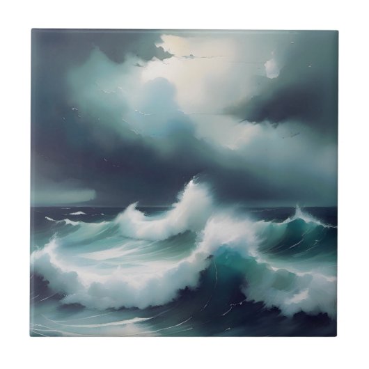 美しい灰色の青い海の波の水彩画 タイル (正面)