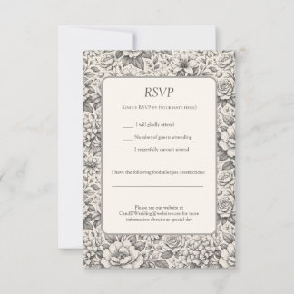 美しい炭素ブラックとホワイトのエッチングフラワー 出欠カード