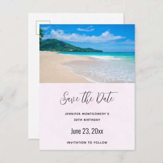 美しい熱帯の目的地のビーチ日付を保存 インビテーションポストカード (正面/裏面)