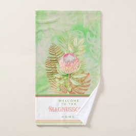 美しい熱帯の花オンろうけつ染めグリーンカスタム ハンドタオル