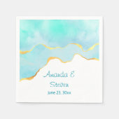 美しい熱帯グリーンブルーと金ゴールド縁ど スタンダードカクテルナプキン (正面)