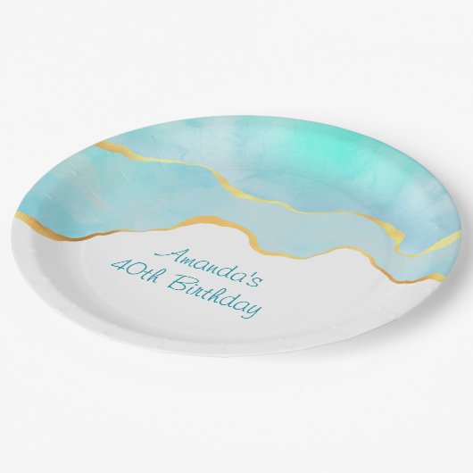 美しい熱帯グリーンブルーと金ゴールド縁ど ペーパープレート (アングル)