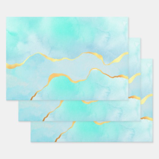 美しい熱帯グリーンブルーと金ゴールド縁ど ラッピングペーパーシート (セット)