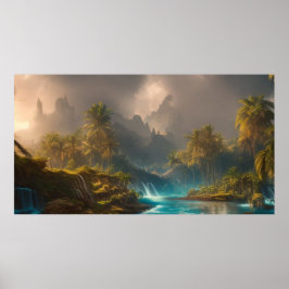 美しい熱帯ジャングルヤシの木と川1 ポスター