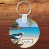 美しい熱帯ビーチとボート キーホルダー (正面)