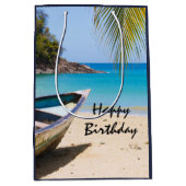 美しい熱帯ビーチとローボート誕生日 ミディアムペーパーバッグ (正面)