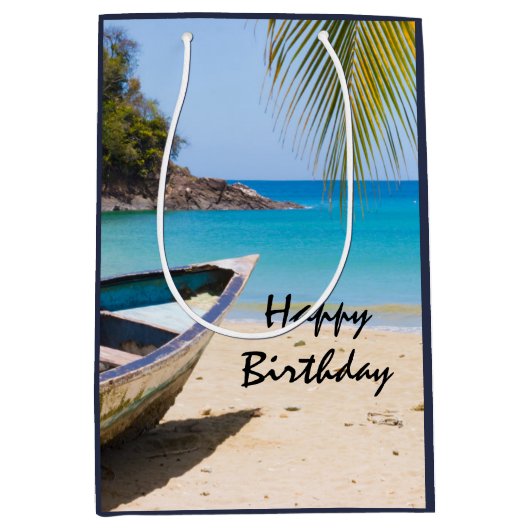 美しい熱帯ビーチとローボート誕生日 ミディアムペーパーバッグ (正面)