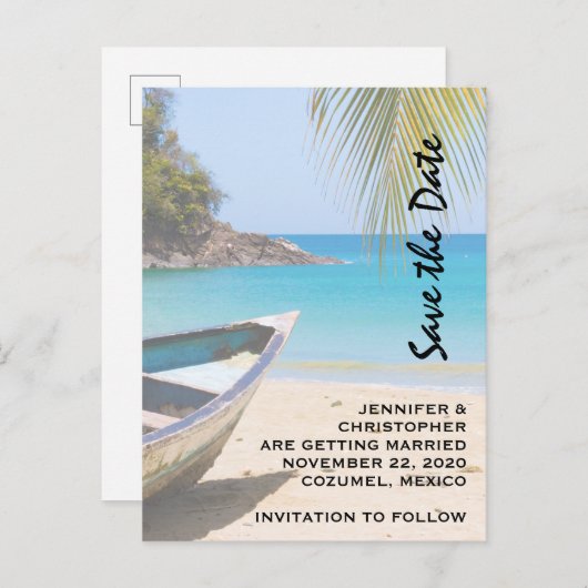 美しい熱帯ビーチ結婚式日付を保存 インビテーションポストカード (正面/裏面)