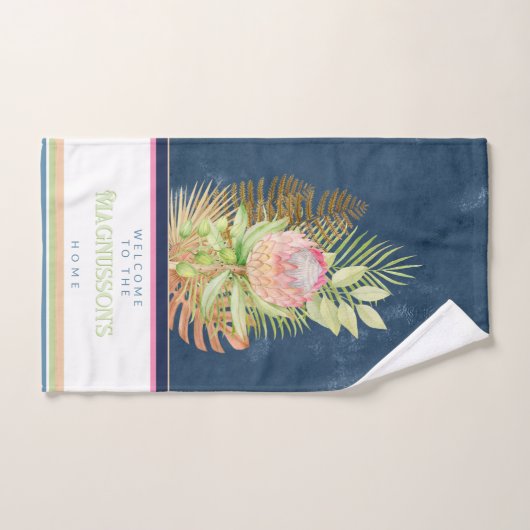 美しい熱帯花オンろうけつ染めブルーカスタム ハンドタオル (ハンドタオル)