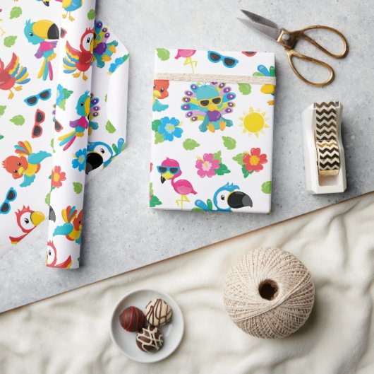 美しい熱帯鳥のパラダイスカラフルパターン ラッピングペーパー (クラフト)