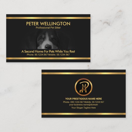 美しい犬モチーフの金ゴールドペットシストライプッター 名刺 (正面/裏面)