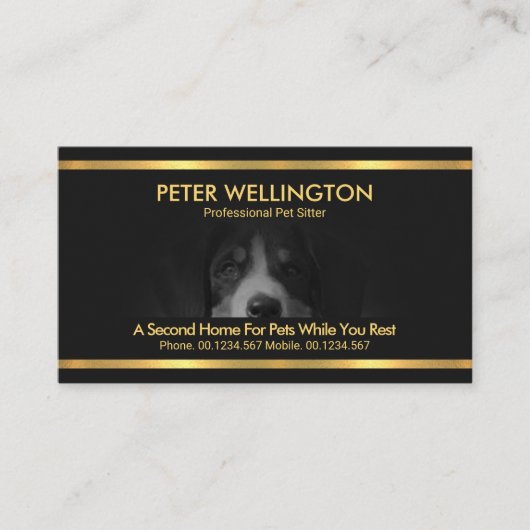 美しい犬モチーフの金ゴールドペットシストライプッター 名刺 (正面)