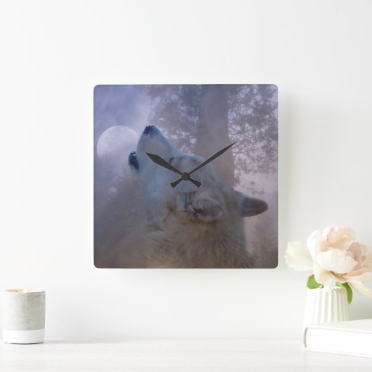 美しい狼と月時計 スクエア壁時計 (ホーム)