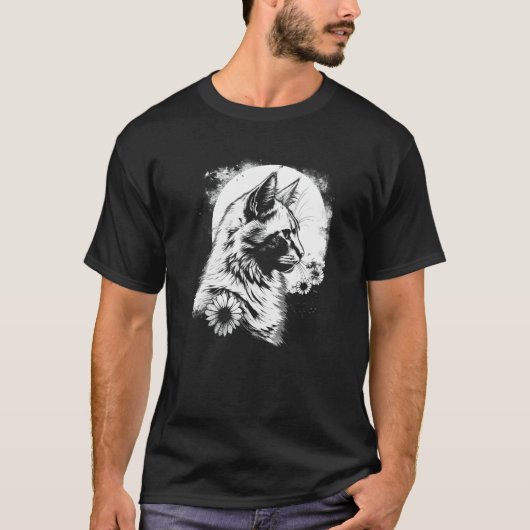 美しい猫とひまわりと月のシルエット Tシャツ (正面)