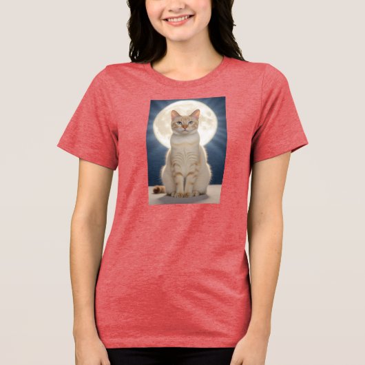 美しい猫と巨大な月の幻想的なイメージ トライブレンドＴシャツ (正面)
