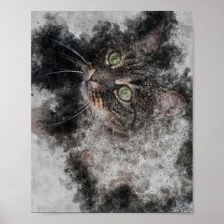 美しい猫の大きな緑の目の水絵を描色 ポスター