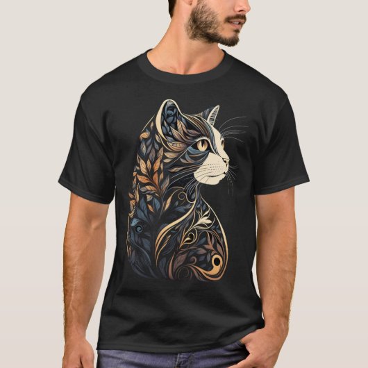 美しい猫の花柄 ブルーとベージュのタン ブルー Tシャツ (正面)