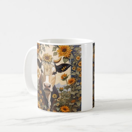 美しい田舎の牛ひまわり花飾り コーヒーマグカップ (正面左)