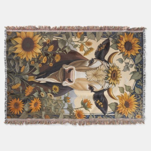 美しい田舎の牛ひまわり花飾り スローブランケット (正面)