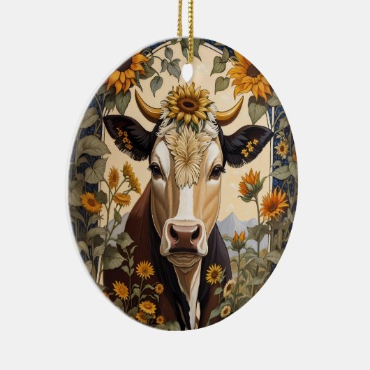 美しい田舎の牛ひまわり花飾り セラミックオーナメント (右)