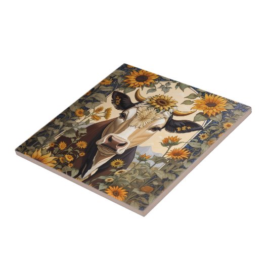 美しい田舎の牛ひまわり花飾り タイル (側面)