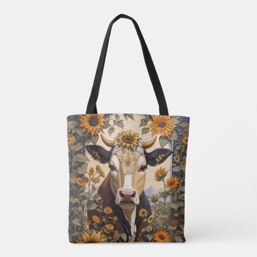美しい田舎の牛ひまわり花飾り トートバッグ (裏面)