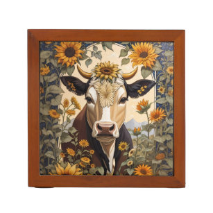 美しい田舎の牛ひまわり花飾り ペンスタンド