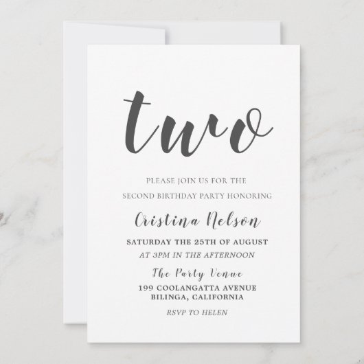 美しい男の子GIRL 2nd誕生日パーティーフォトスクリプト 招待状 (裏面)