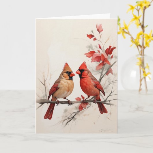 美しい男性赤深紅色絵画ズ空白の カード (黄色い花)