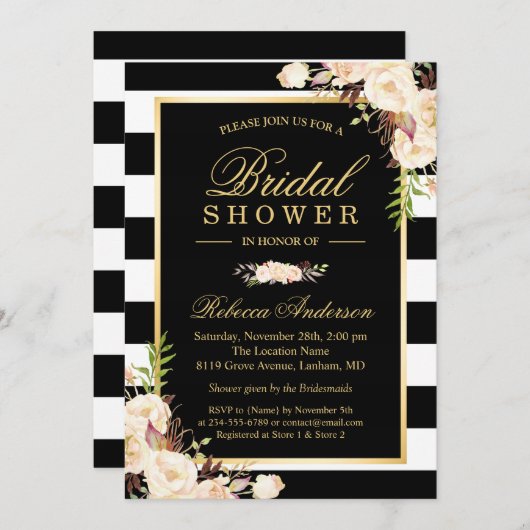 美しい白いアイボリーの花冬のブライダルシャワー 招待状 (正面/裏面)